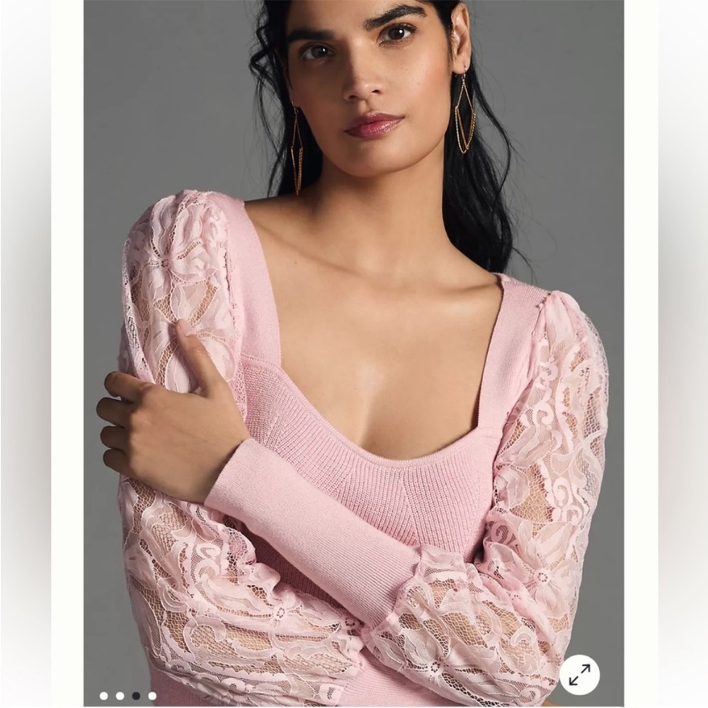 NWT Anthropologie Gayla Pink Lace Puff Sleeve Bodice Knit Sweater